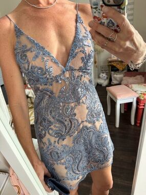 Free People Blue Sequin Micro Mini Dress Sheer Prom Party
